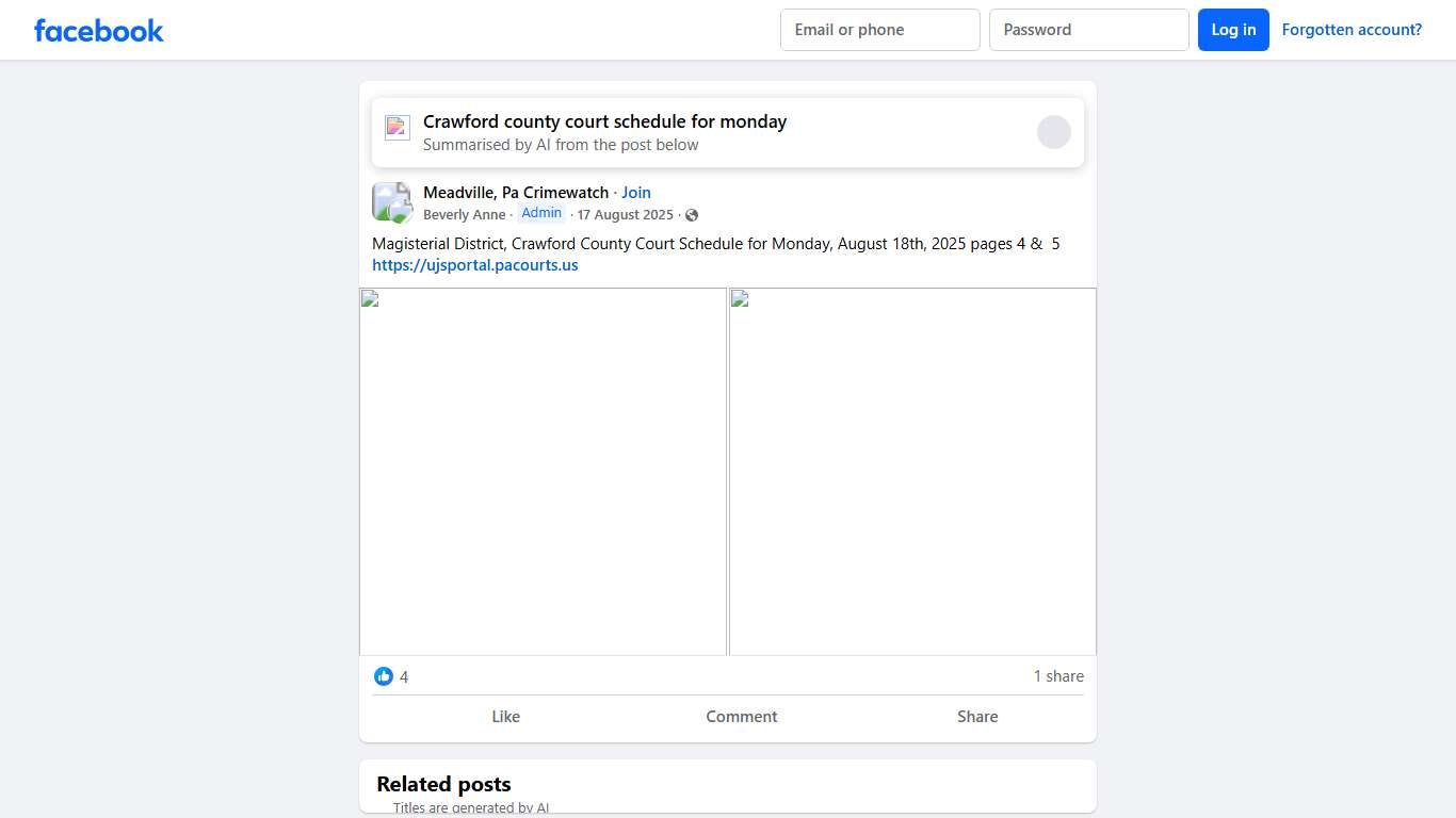 Meadville, Pa Crimewatch Magisterial District, Crawford County Court Schedule for Monday, August 18th, 2025 pages 4 & 5 Facebook